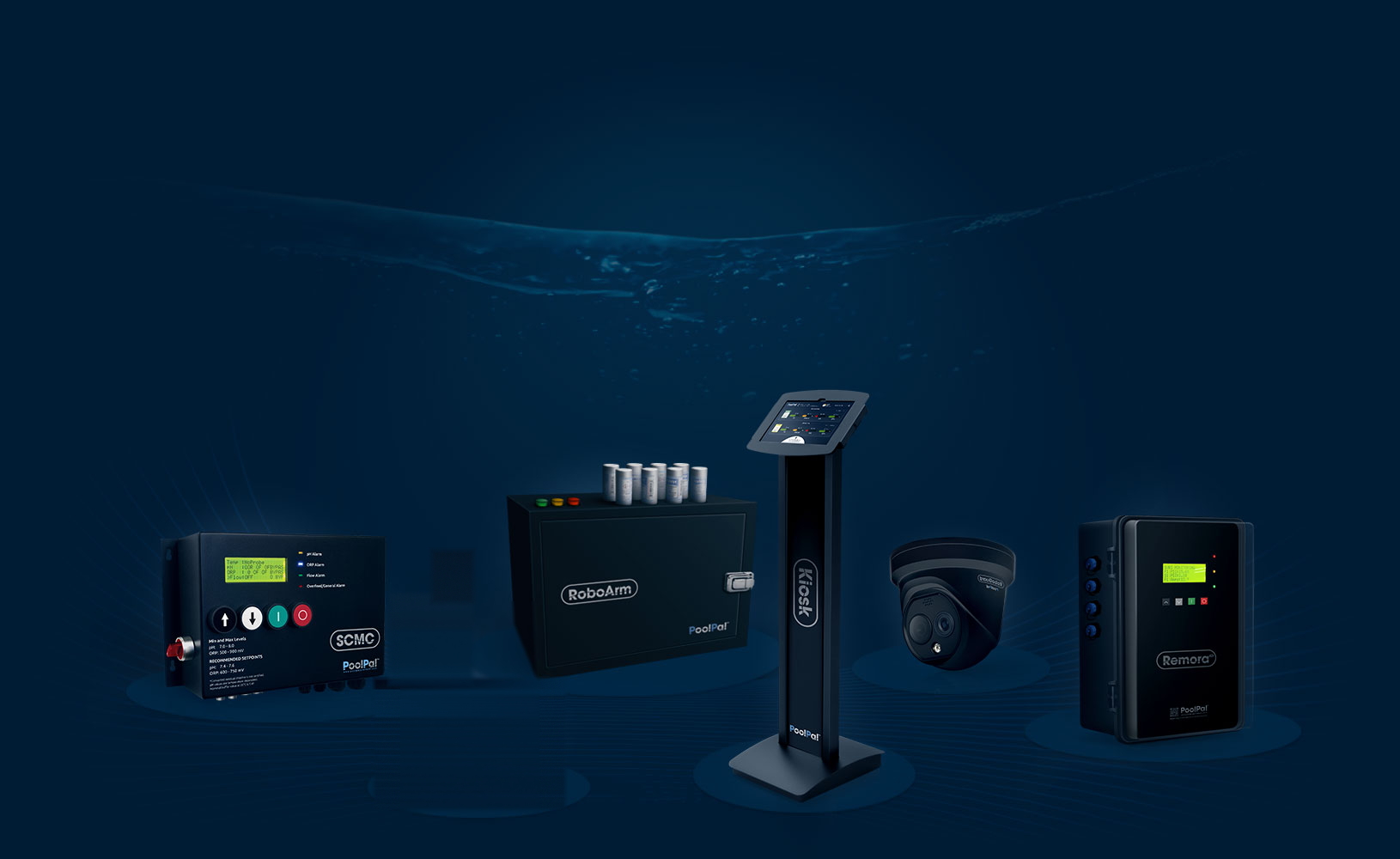 The PoolPal family of devices — SCMC, RoboArm, KIOSK, RoboGuard camera and RemoraVR